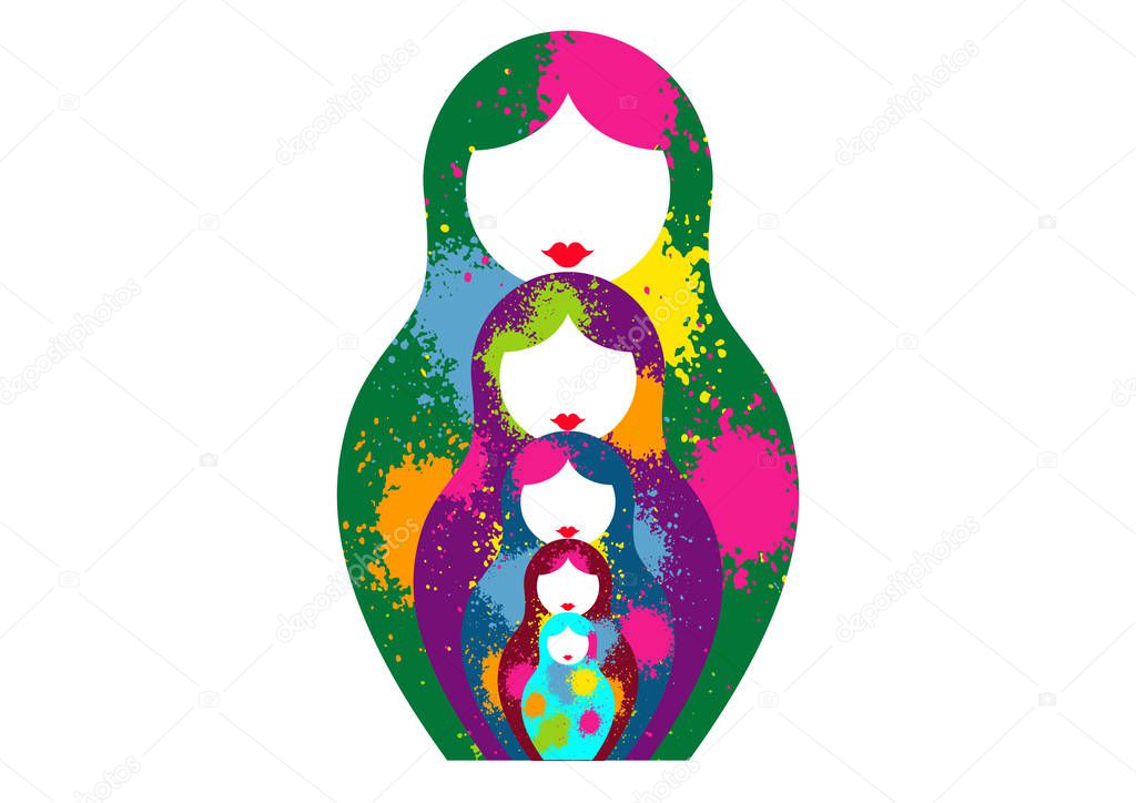 Russian nesting dolls matrioshka, set icon colorful symbol of Russia. Splatter paint colored style. vector isolated on white background