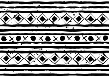 Afrika baskı kumaş, tasarım, aşiret desen motifleri geometrik öğeleri için etnik el yapımı süs. Vektör doku, afro Tekstil Ankara moda stil. Pareo wrap elbise, halı batik Mali siyah ve beyaz 