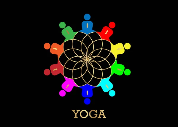 Groupe Personnes Yoga Studio Logo Fleur Lotus Dorée Icône Emblème — Image vectorielle