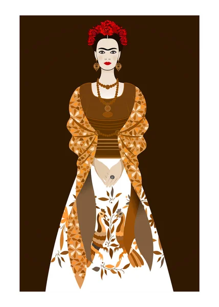 Frida Kahlo retrato vectorial, joven hermosa mexicana con un peinado tradicional, joyas de artesanía mexicana y vestido. Frida Vestido mexicano étnico con bordado floral y pavo real. Aislado — Vector de stock