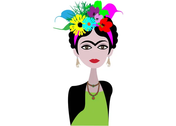 Caricatura Artista Frida Kahlo Artista Mexicana Con Peinado Flores Estilo — Archivo Imágenes Vectoriales