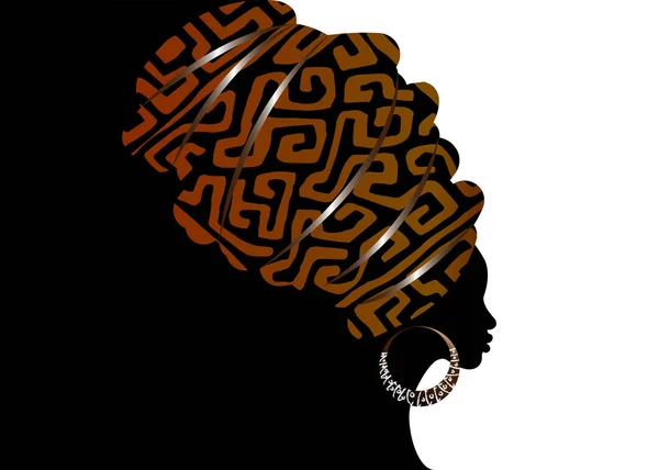 Portrait Belle Femme Africaine Dans Turban Traditionnel Kente Enveloppement Tête — Image vectorielle