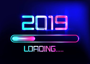 Simgesi mavi neon tarzı yükleme ile seneler 2019. İlerleme çubuğu neredeyse yılbaşı ulaşan. Vektör çizim 2019 yükleme ile. İzole veya koyu açık mavi renkli 