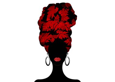 Afrika eşarp, bir kırmızı Afro kadın portre türban bırakır. Kabile şal moda, Ankara, başşehir, kitenge. Nijeryalı tarzı elbiseler. Gana'lı headwrap. Afrika baskı kumaş, etnik el yapımı Tekstil 