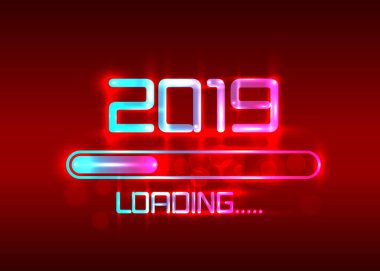 Simgesi mavi neon tarzı yükleme ile seneler 2019. İlerleme çubuğu neredeyse yılbaşı ulaşan. Vektör çizim 2019 yükleme ile. İzole veya koyu açık kırmızı renkli