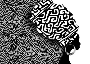 portre güzel geleneksel Türban, başşehir baş şal Afrika, Afrika kadın geleneksel dashiki yazdırma, siyah afro kadınlar vektör siluet vektör batik arka plan etnik zebra doku ile 
