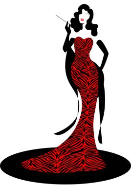 Dükkanı logo kadın moda, siyah siluet diva. Şirket markası tasarım, stil ve çizgili gece elbisesi 1940'larda, 1950'lerde, güzel lüks kapak kızı retro elbiseli kadın kırmızı zebra desen, şablon