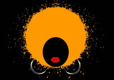 Afro kıvırcık saç stili kavramı. Portre Afrikalı kadınlar, saçlı esmer kadın yüzü afro ve etnik geleneksel küpe, büyük kırmızı dudaklar, vektör izole sıçramak stil veya siyah arka plan 