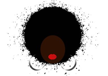 Afro kıvırcık saç stili kavramı. Portre Afrikalı kadınlar, saçlı esmer kadın yüzü afro ve etnik geleneksel küpe, büyük kırmızı dudaklar, vektör izole sıçramak stil veya beyaz arka plan 