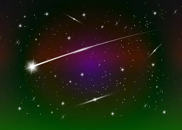 Fondo de estrella fugaz contra cielo nocturno estrellado azul oscuro, ilustración vectorial. Fondo espacial. Colorida galaxia con nebulosa y estrellas. Fondo futurista abstracto. Polvo de estrellas y estrellas brillantes — Archivo Imágenes Vectoriales