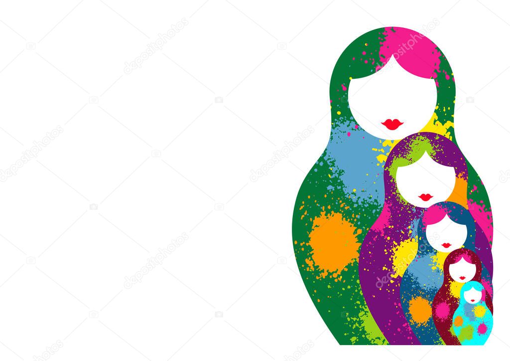 Russian nesting dolls matrioshka, set icon colorful symbol of Russia. Splatter colored style. vector isolated on white background