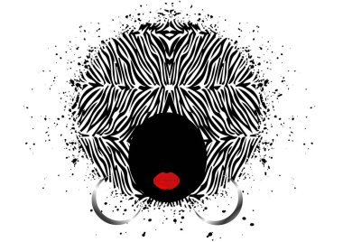 Afro kıvırcık saç stili kavramı. Portre Afrikalı kadınlar, saçlı esmer kadın yüzü afro ve etnik geleneksel küpe, büyük kırmızı dudaklar, vektör izole sıçramak stil veya beyaz arka plan