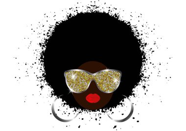 portre Afrikalı kadınlar, koyu tenli siyah saçlı kadın yüzü afro ve saç modeli kavramı, geleneksel etnik tarzda altın metal parlak güneş gözlüğü kapak siyah müzik, disko, jazz, güzellik olaylar için