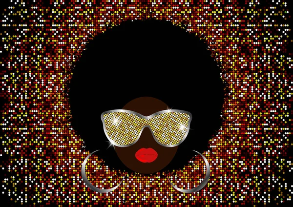 Πορτραίτο των γυναικών της Αφρικής, σκούρο δέρμα θηλυκό πρόσωπο με μαύρα μαλλιά αφρο και χρυσό μεταλλικό γυαλιστερό γυαλιά ηλίου σε παραδοσιακά έθνικ στιλ, χτένισμα έννοια, κάλυμμα για μαύρη μουσική, ντίσκο, τζαζ, εκδηλώσεις ομορφιάς — Διανυσματικό Αρχείο