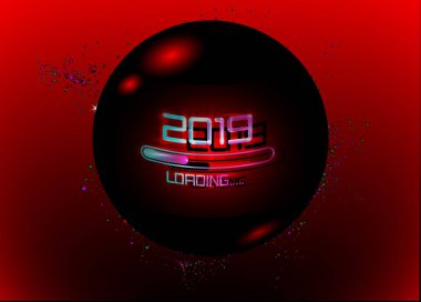 2019 mutlu yeni yıl simgesi mavi neon tarzı yükleme ile. İlerleme çubuğu neredeyse yılbaşı ulaşan. Vektör çizim 3d siyah topu göl kenarında veya koyu kırmızı ışık glitter arka planda 2019 yüklemeli