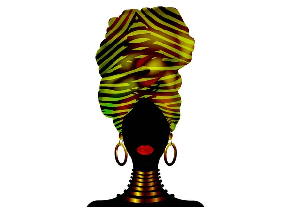 ベクトル肖像アフリカの女性は 伝統的なストライプターバンで ケントヘッドラップ ダシキ印刷 黒アフロの女性のベクトルシルエットアフリカバティック 民族ゼブラ装飾布 ヘアスタイルのコンセプトロゴ — ストックベクタ