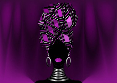 Portre güzel Afrikalı kadın geleneksel türban, başşehir baş şal, dashiki yazdırma, Afro kadın eşarp vektör siluet Afrika batik etnik geometrik dekorasyon pembe renkli bez, saç modeli 