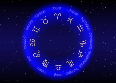 Zodyak, altın astrolojik işaretler, burç altın görüntü simgesi ayarla. Astroloji zodyak işaretleri. Astroloji sembolleri ayarlayın. Mavi gece gökyüzü ve yıldızlar, mavi gece gökyüzü arka plan, vektör çizim
