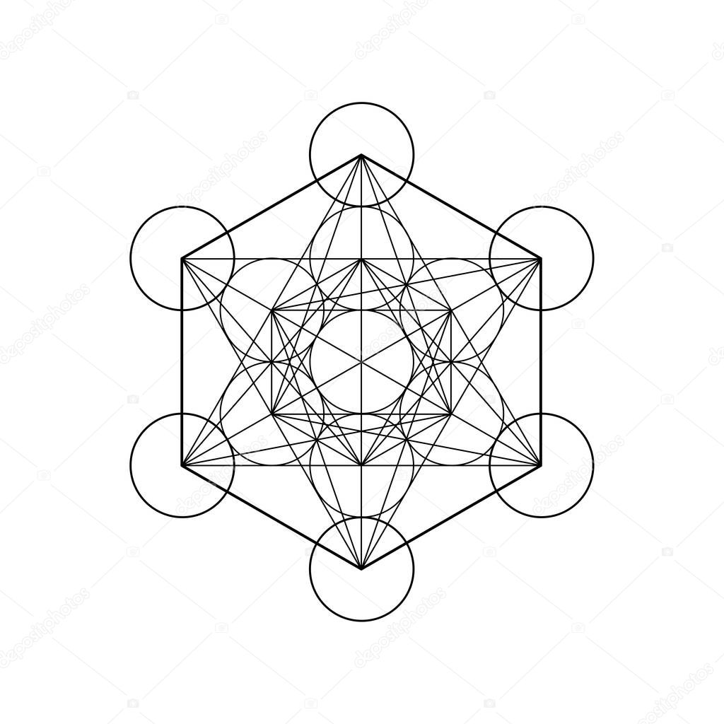 Metatrons Cube, Flower of Life. Sacred geometry, graphic element Vector isolated Illustration. Mystic icon platonic solids, abstract geometric drawing 