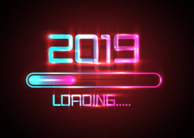 2019 mutlu yeni yıl simgesi mavi neon tarzı yükleme ile. İlerleme çubuğu neredeyse yılbaşı ulaşan. Vektör çizim 2019 yükleme ile. İzole veya koyu açık kırmızı renkli
