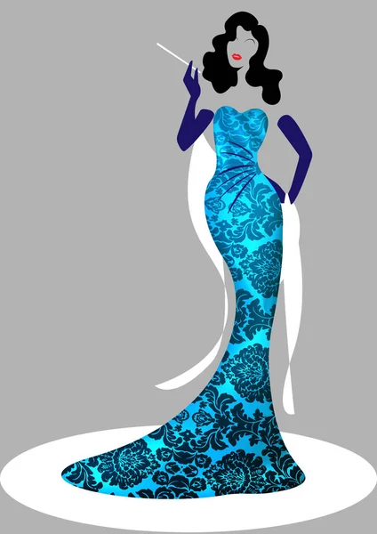 Boutique logo mode femme, silhouette colorée diva. Société conception de nom de marque, Belle couverture de luxe fille rétro femme en robe motif Damas floral, robe de soirée de style bleu Années 1940, Années 1950, modèle — Image vectorielle