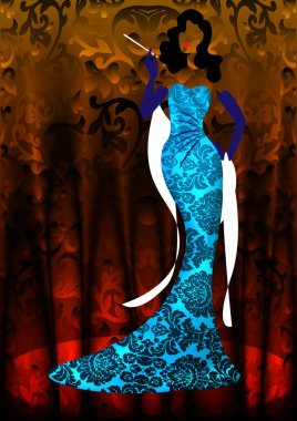Dükkanı logo kadın moda, renkli siluet diva. Şirket markası tasarım, güzel lüks kapak kızı retro kadında çiçek Damask desenli elbise, mavi Abiye 1940'larda, 1950'lerde, stil şablonu