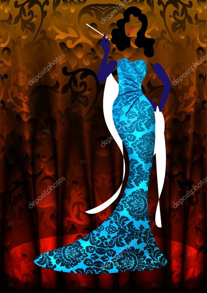 Shop logo fashion woman, colorful silhouette diva. Company brand name design, Beautiful luxury cover girl retro woman in floral Damask pattern dress, blue styling evening dress 1940s , 1950s, template