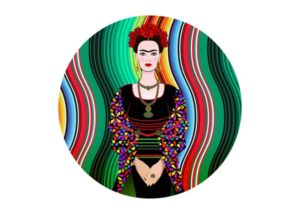 Frida Kahlo Vector Portrait Young Beautiful Mexican Woman Traditional Hairstyle — Stock Vector