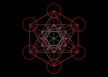 Metatrons küp, yaşam kırmızı çiçek. Kutsal geometri, illüstrasyon veya siyah arka plan grafik öğesi vektör izole. Mistik simgesi platonik katılar, soyut geometrik çizim, tipik ürün daire