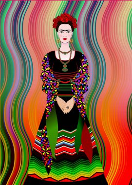 Frida Kahlo vektör portre, geleneksel bir saç modeli olan Meksikalı kadın. Meksika el sanatları takı ve kırmızı çiçekler. Eski giysileri, geleneksel Meksika genç Meksika kızı animasyon portresi, izole vektör veya Meksika battaniye çizgili elbise 
