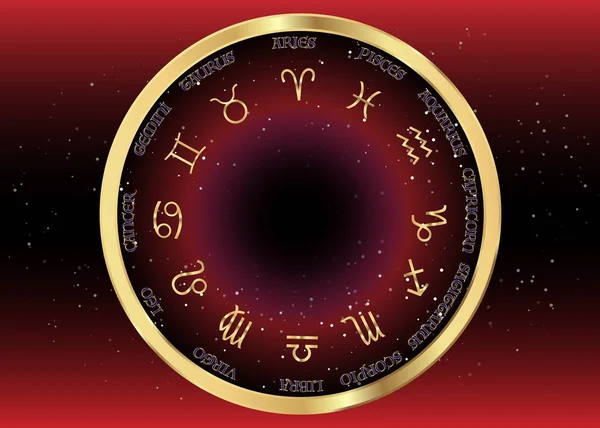 Zodyak, altın astrolojik işaretler, burç altın görüntü simgesi ayarla. Astroloji zodyak işaretleri. Astroloji sembolleri ayarlayın. Koyu kırmızı gece gökyüzü ve yıldızlar, siyah gece gökyüzü arka plan, vektör çizim