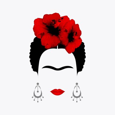 Meksika veya İspanyolca kadın minimalist küpe ve kırmızı hibiscus çiçek, izole vektör portresi