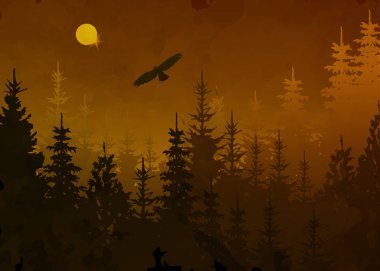 Kel kartal uçuş, ışık mavi sis arka plan, vektör dağ manzarası ile kış orman. Dolunay ve koyu kahverengi gece gökyüzü ile Noel ağacı firs. Suluboya resim stili. Vektör 