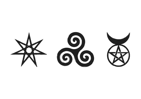 Sada čarodějnice runy, věštění wiccan symboly. Elven star nebo sedm poukázala hvězda, Triskele nebo Triskelion, Rohatého boha. Starověké okultní symboly, izolované na bílém. Vektorové ilustrace. — Stockový vektor