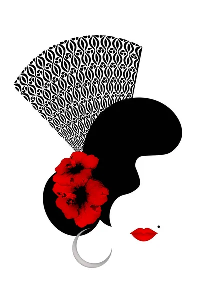 Beau Portrait Femme Espagnole Silhouette Blanc Rouge Fleurs Hibiscus Peigne — Image vectorielle