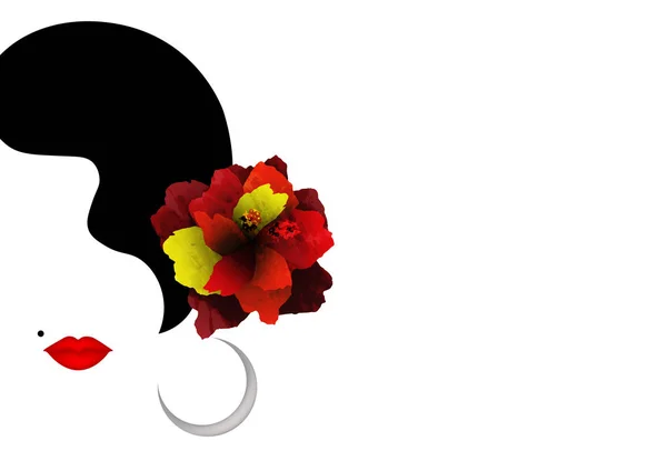 Όμορφη γυναίκα Γουίτ κόκκινο σιλουέτα Hibiscus τα λουλούδια και σέξι κόκκινα χείλη. Λογότυπο πρότυπο ομορφιάς. Πορτραίτο κορίτσι χορευτής φλαμένκο. Όνομα εταιρείας διάνυσμα, απομονωμένες ή λευκό φόντο — Διανυσματικό Αρχείο