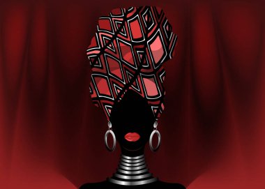 Portre güzel Afrikalı kadın geleneksel türban, başşehir baş şal, dashiki yazdırma, Afro kadın eşarp vektör siluet Afrika batik etnik geometrik dekorasyon kırmızı renk kumaş, saç modeli 