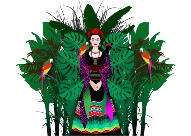 Frida Kahlo vektör portre, geleneksel bir saç modeli olan Meksikalı kadın. Meksika el sanatları takı ve kırmızı çiçekler. Genç Meksikalı eski giysileri kızı, geleneksel Meksika animasyon portresi 