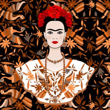 Frida Kahlo vektör portre, bir geleneksel saç modeli, Meksika el sanatları takı ve elbise genç güzel bir Meksikalı kadın. Frida etnik Meksika GOBLEN nakışı çiçek ve tavus kuşu arka plan ile 