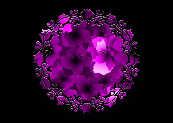 激光切割边框曼陀罗的紫色花 粉红色的花卉图案与盛开的芙蓉花 植物印花复古纺织品收藏的背景 花卉香水的概念 黑色时尚模板 — 图库矢量图片