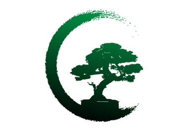 Japon bonsai logosu, bitki siluet simgeler beyaz arka plan, bonsai yeşil ekoloji silüeti üzerinde ağaç. Ayrıntılı görüntü. İzole vektör