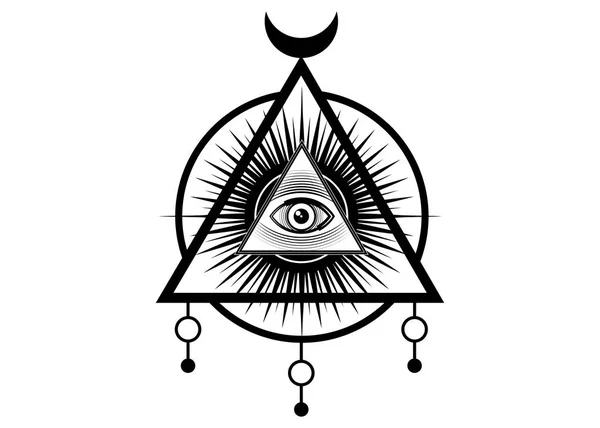神聖マゾニックシンボル 三角形のピラミッド内のすべての目 第三の目 プロビデンスの目 を見て 新世界秩序 手描きの錬金術 精神性 オカルト ベクトル分離白 — ストックベクタ