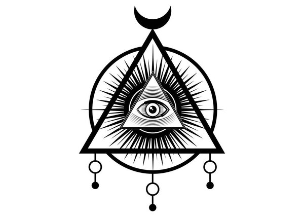 Sacred Masonic symbol. All Seeing eye, the third eye (The Eye of Providence)  inside triangle pyramid. New World Order. Hand-drawn alchemy, religion, spirituality, occultism. Vector isolated or white 