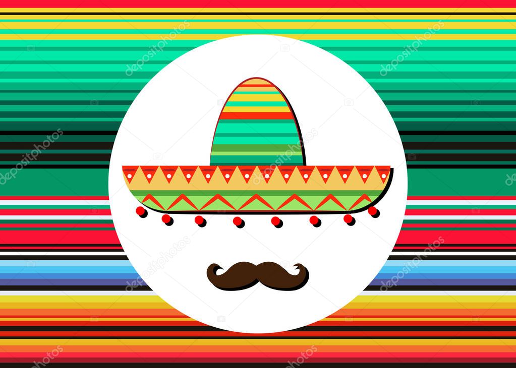 Sombrero and mustache icon template. Portrait of  Mexican man in sombrero and Blanket Stripes, sketch vector illustration isolated on colors background. Colorful drawing of Mexican man typical clothes