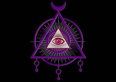 Kutsal Masonik sembol. Tüm gören göz, üçüncü göz, Providence göz üçgen piramit içinde. Yeni Dünya düzeni. Renkli simge simya, din, maneviyat, büyü. İzole veya siyah arka plan vektör