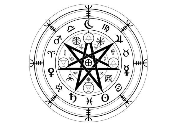 Símbolo Wiccano Protección Conjunto Runas Mandala Witches Adivinación Mística Wicca — Vector de stock