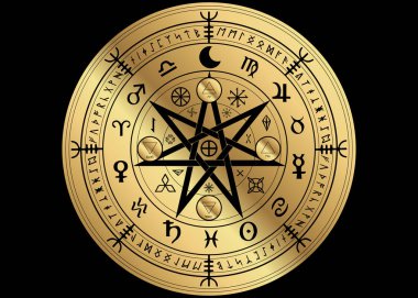 Koruma Wiccan sembolü. Altın Mandala Cadılar runes, mistik Wicca kehanet. Eski gizli semboller, Earth yıl Wicca astrolojik işaretler zodyak tekerleğin izole veya siyah arka plan vektör