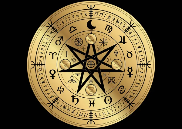 Koruma Wiccan Sembolü Altın Mandala Cadılar Runes Mistik Wicca Kehanet — Stok Vektör