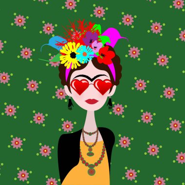 sanatçı Frida kalp gözlüklü karikatürü. Meksikalı kadın sanatçı ile saç modeli ve düz stil çiçeklenir. Çiçek arka plan üzerinde izole vektör portre 
