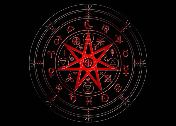 Zauberhaftes Symbol des Schutzes. rote Mandala-Hexenrunen, mystische Zauberweisheiten. antike okkulte Symbole, Erdtierkreisrad des Jahres wicca astrologische Zeichen, Vektor isoliert oder schwarzer Hintergrund — Stockvektor